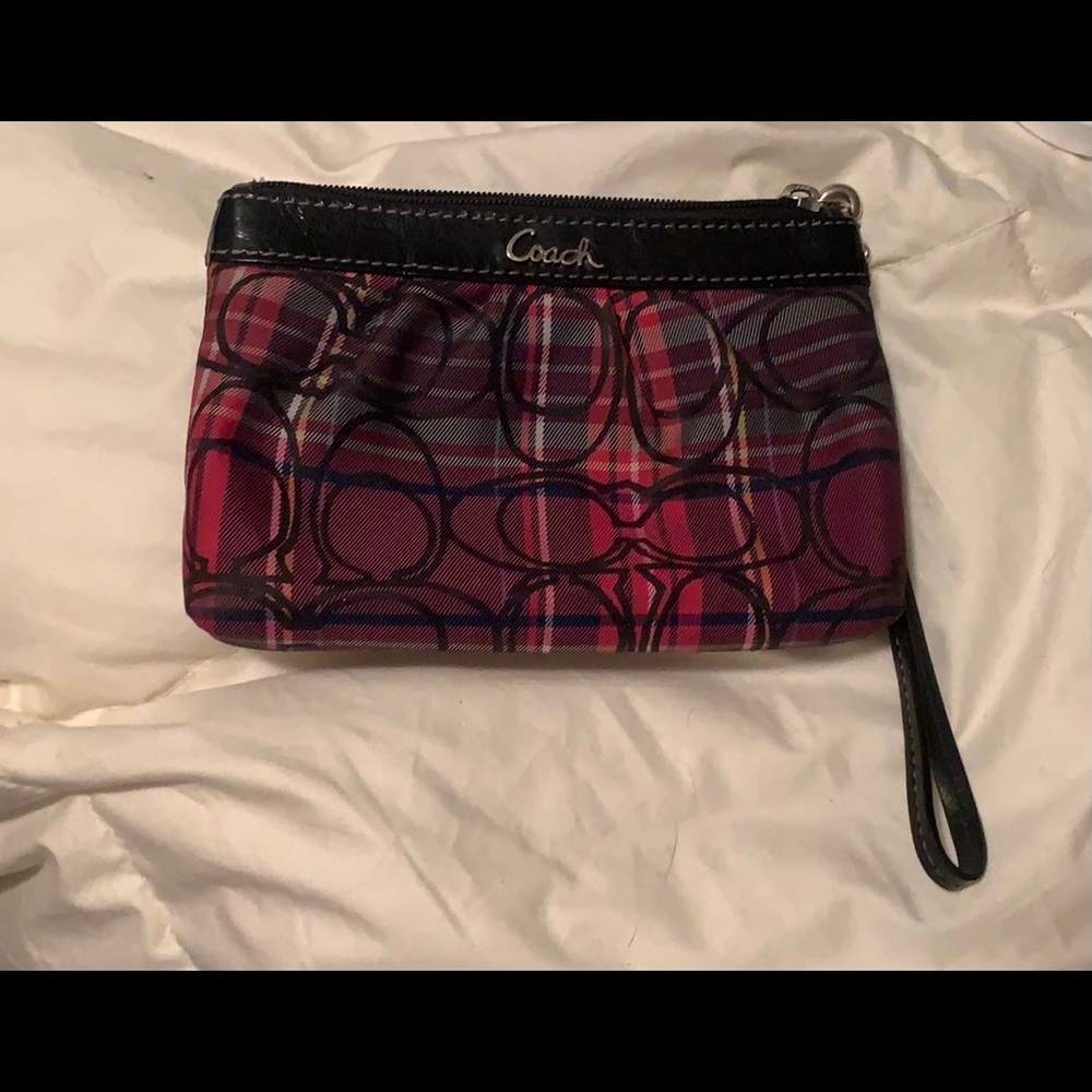 Coach pink purple plaid wristlet